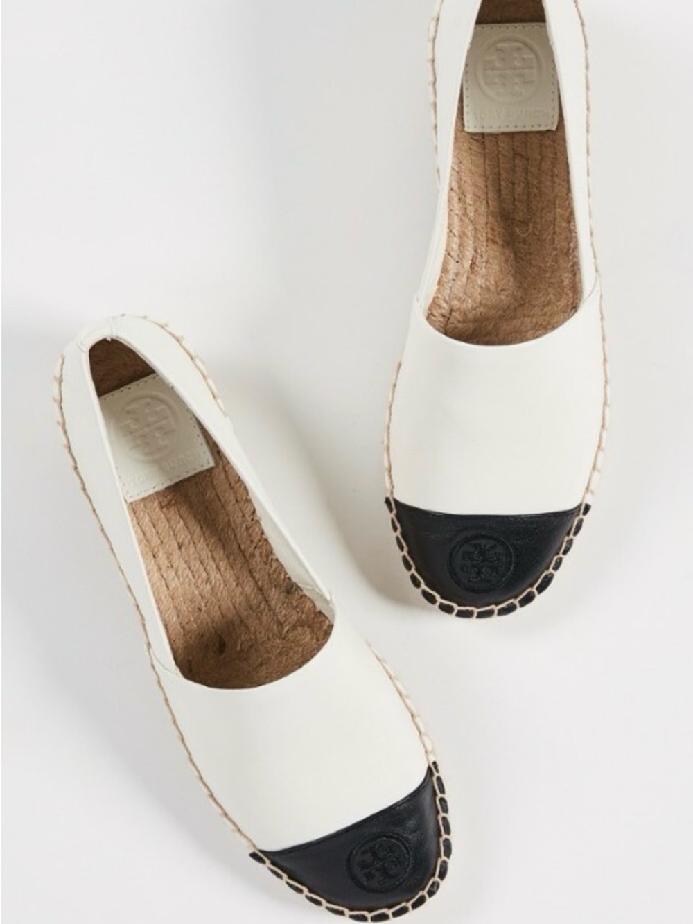 Tory Burch White Leather Espadrilles with Black Cap Toe